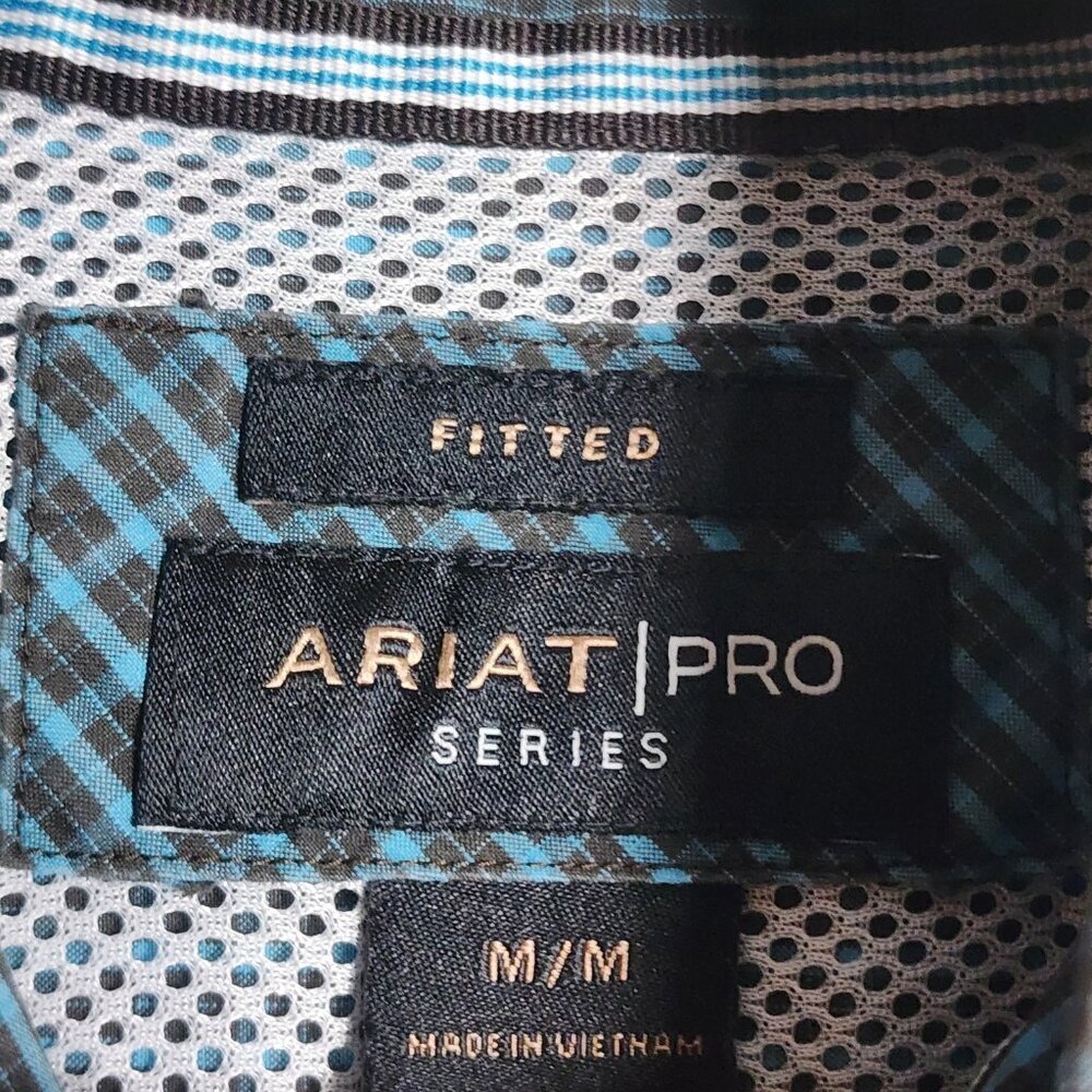 Ariat Shirt Mens Medium Blue Brown Plaid Pro Series Fitted Western Button Down - Picture 5 of 12